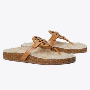 Tory Burch Miller Cloud Shearling Flat Sandals Caramel Corn Buttermilk Size 8